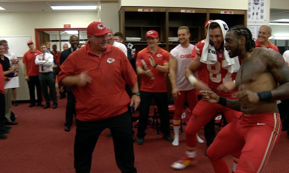 WATCH: Andy Reid and Travis Kelce sets the Chiefs locker room on fire with a victory dab