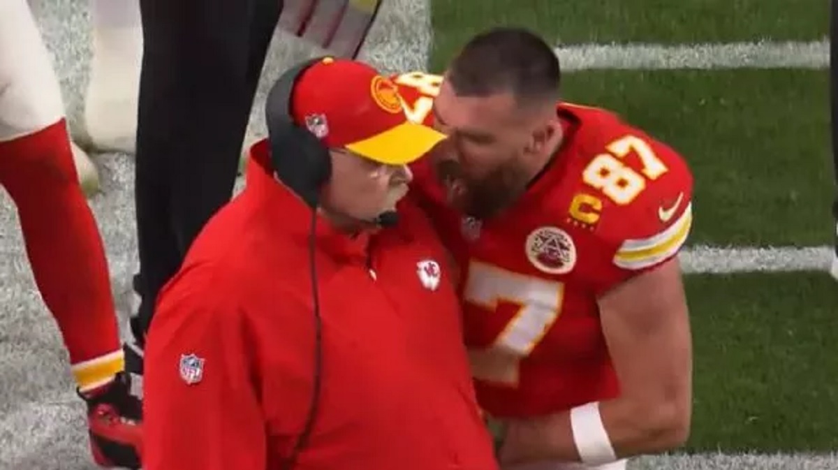 Furious Travis Kelce shoves Chiefs coach Andy Reid and throws his helmet in shocking Super Bowl