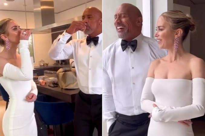 Dwayne Johnson and Emily Blunt Share Laughs and Tequila Shots While Prepping for 2023 Oscars — Watch...