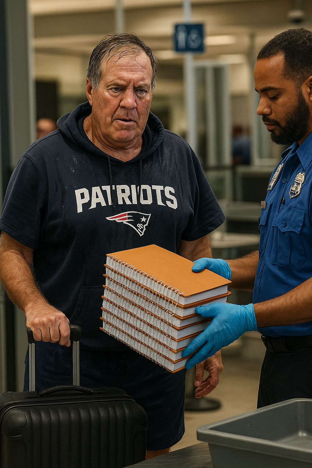 Bill Belichick Spotted Sweating Profusely at Airport After TSA Finds "Too Many Unauthorised Playbooks" in Luggage